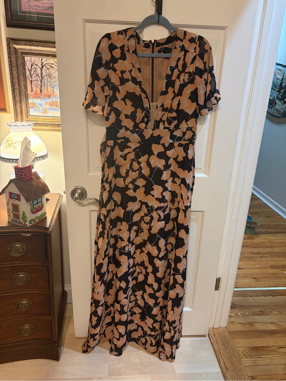 Black with Pink Floral Maxi/Formal Dress with Tie Back